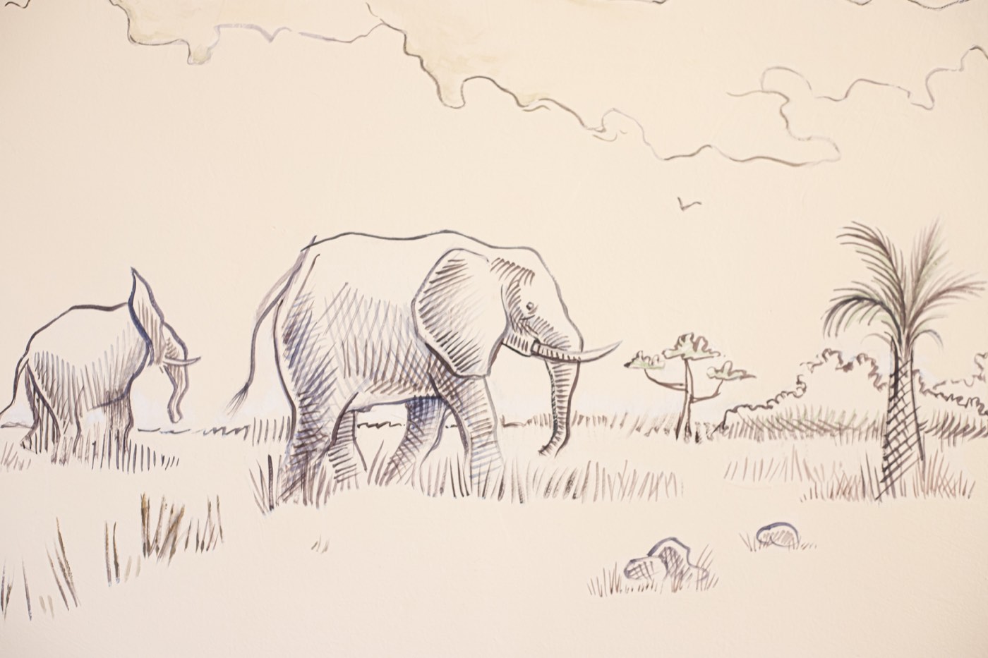 Wall drawing of elephants in the Congo Room