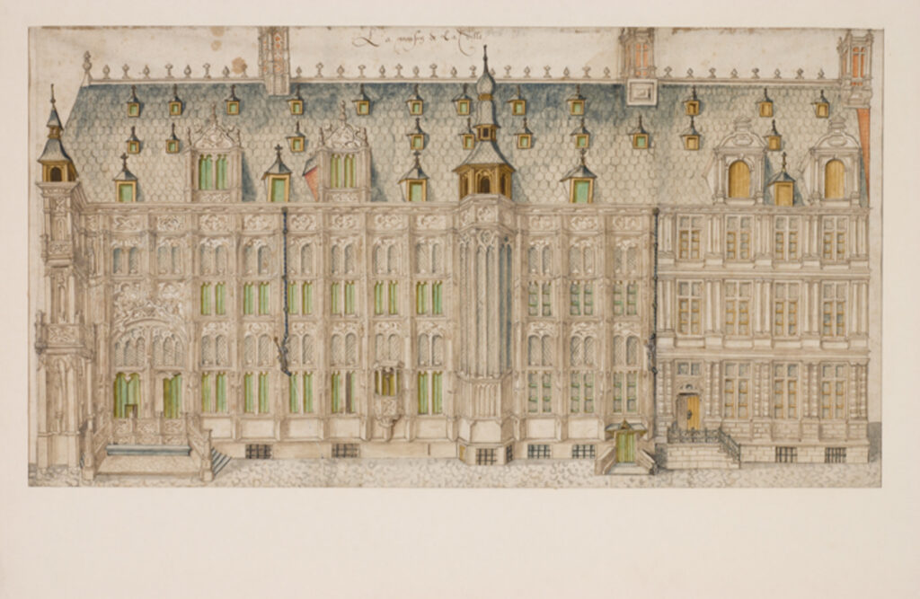 Watercolour of the fa&ccedil;ade of Ghent&rsquo;s Town Hall on the Hoogpoort, 1580s