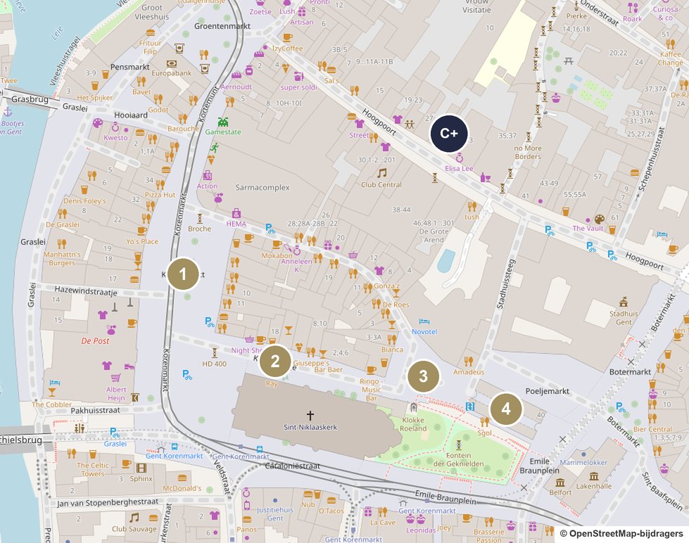 Map of Ghent city centre showing the squares of the Gentse Winterfeesten and Chambreplus on the Hoogpoort