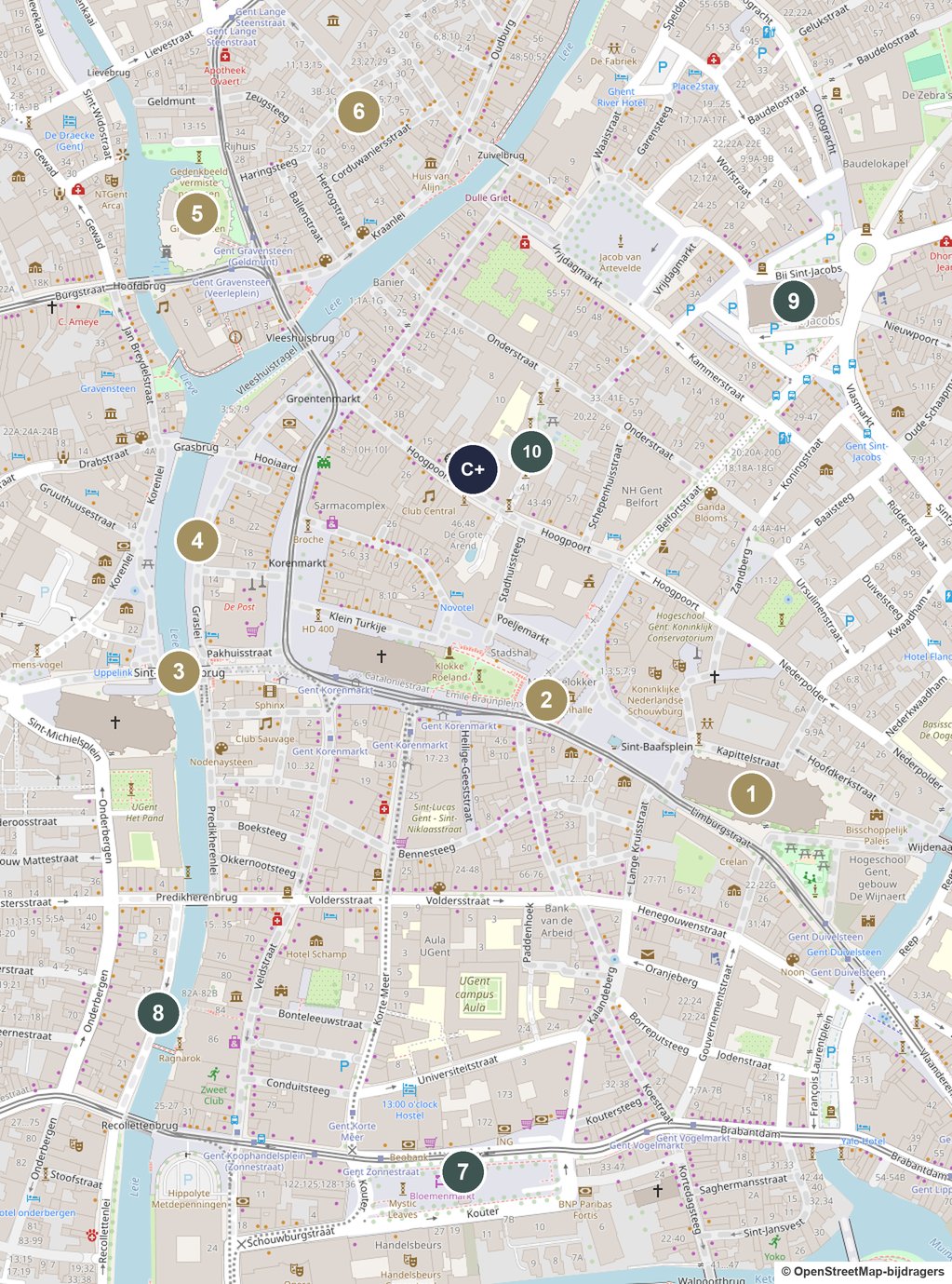 Map of Ghent city centre with the numbered stops of the weekend itinerary and Chambreplus on the Hoogpoort